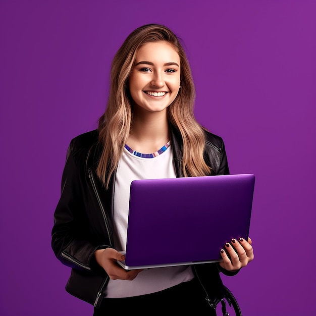 Mujer estadounidense usando computadora portátil con vestido formal