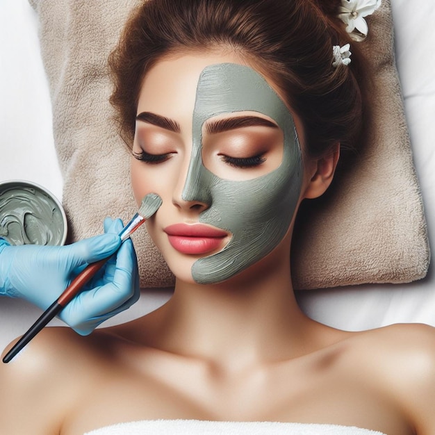 mujer estética aplicando máscara facial hidratante en el salón de spa