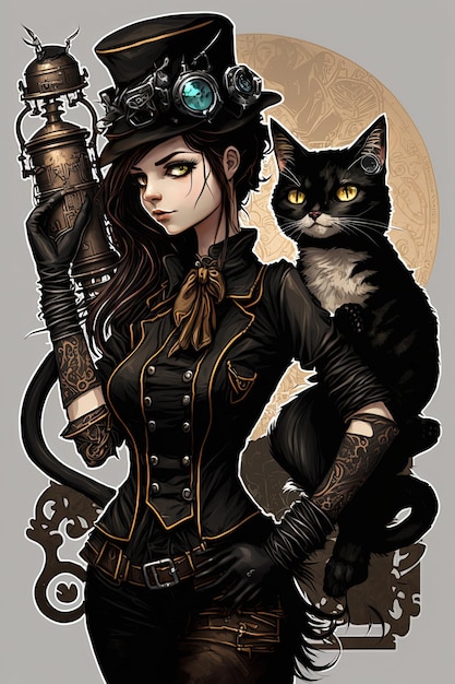 Mujer estilizada en traje negro sosteniendo una imagen surrealista de gato negro Generative Ai