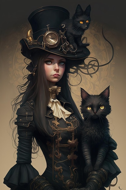 Mujer estilizada en traje negro sosteniendo una imagen surrealista de gato negro Generative Ai