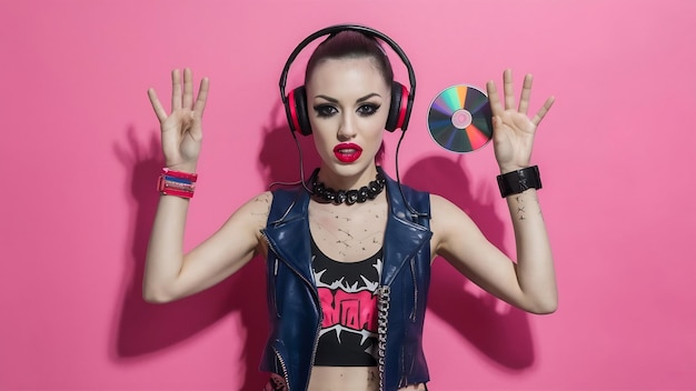 Mujer de estilo de los años 90 con ropa punk con auriculares y CD