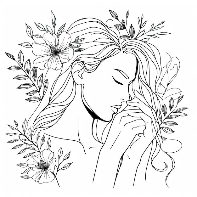 Mujer y estilo artístico de línea de ilustración minimalista dibujada a mano con flores