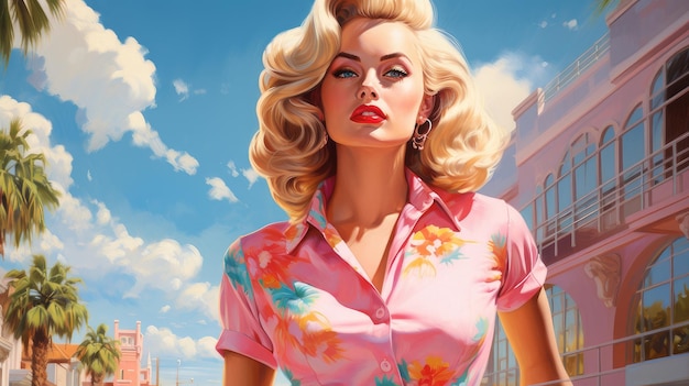 Mujer en el estilo pinup retro del mundo rosa