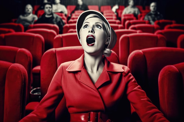 Mujer en estilo retro viendo una película en un cine con sillas rojas