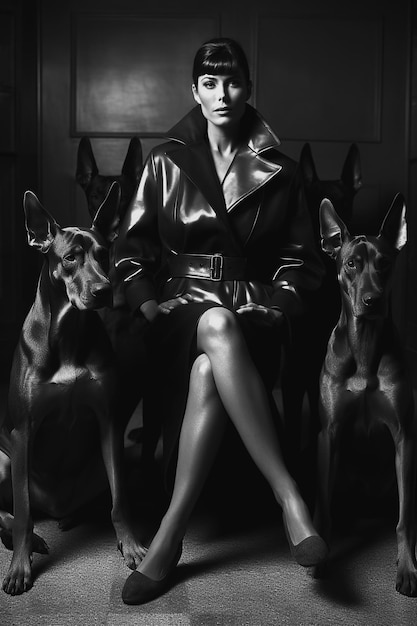 Mujer con estilo sexy posando con perros Doberman en el estudio Moda retro vintage AI generativa