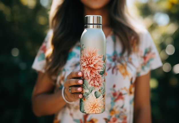 Mujer de estilo de vida ecológico con una botella de agua de flores en un entorno de otoño brillante