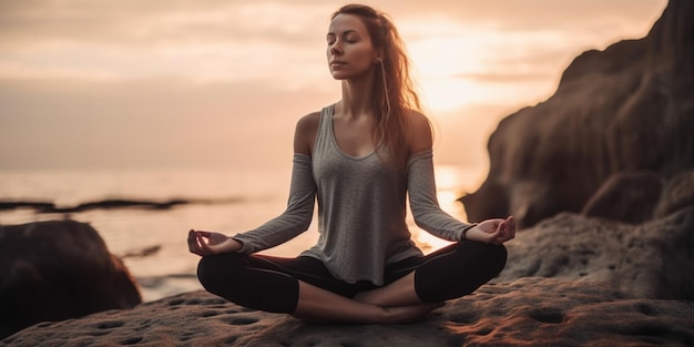 Mujer estilo de vida equilibrado practicando meditación y energía zen yoga