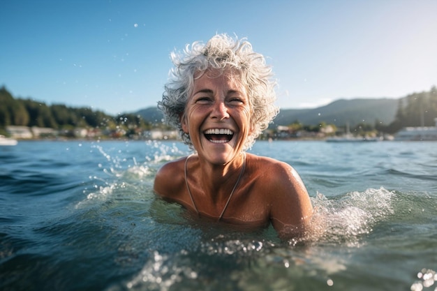 Mujer estilo de vida de recreación saludable vacaciones natación anciano caucásico piscina de sonrisa adulto traje de baño activo mujer feliz joven verano persona de agua diversión disfrute ocio