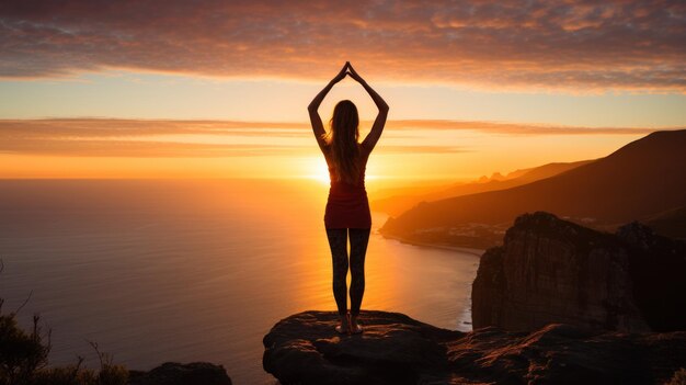 Mujer estirándose con el amanecer en el fondo