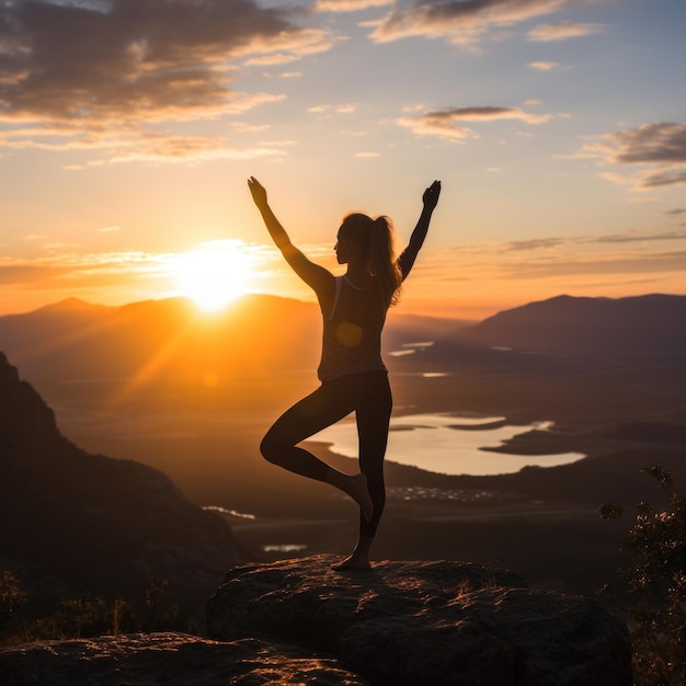 Mujer estirándose con el amanecer en el fondo