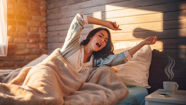 Mujer estirándose en la cama en casa y tratando de despertarse temprano en la mañana para comenzar de nuevo