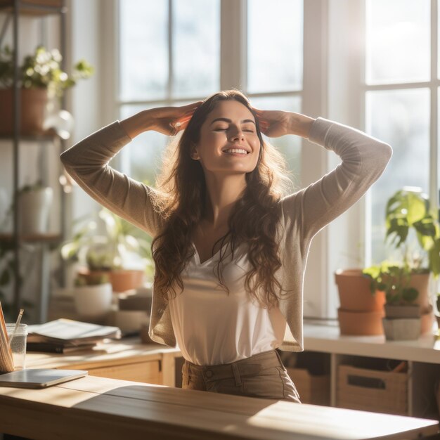 Mujer estirándose en el escritorio con la luz del sol entrando