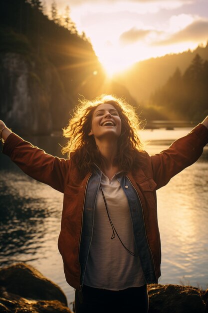 Foto mujer estirándose junto al lago