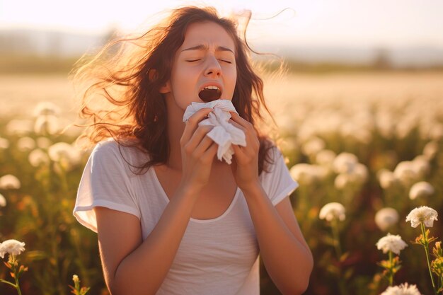 Foto una mujer estornuda con un pañuelo en las manos alergia a las flores