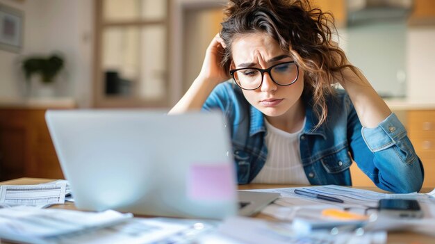 Mujer estresada buscando préstamo en línea para facturas de deuda atrasadas en la computadora portátil luchas financieras concepto en la oficina de hogar