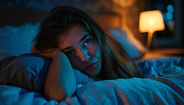 Foto mujer estresada en la cama tarde en la noche que sufre de insomnio, apnea del sueño o estrés