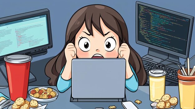 Mujer estresada codificando intensamente en la computadora portátil rodeada de bocadillos