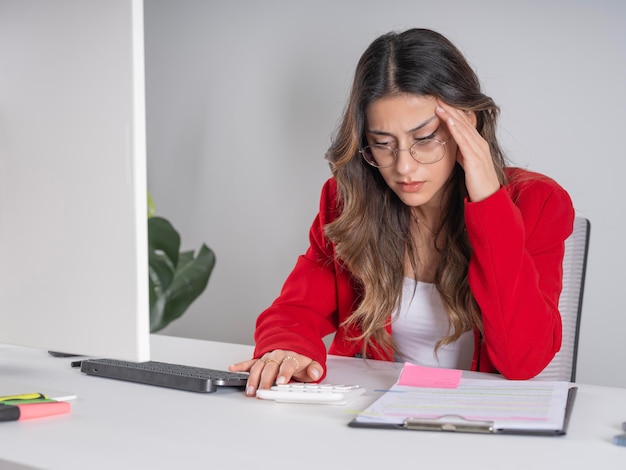 Mujer estresada y confundida por calcular gastos de la factura no tienen dinero sentada en el escritorio en la oficina
