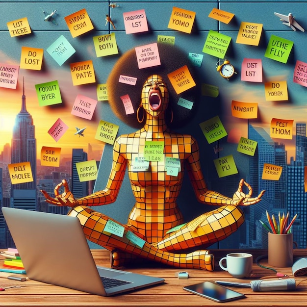 Foto una mujer estresada cubierta de notas en posición de yoga de loto relajándose en la oficina