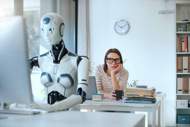 Mujer estresada decepcionada y robot AI en la oficina