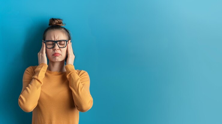 Mujer estresada con dolor de cabeza Concepto de estrés y problemas de salud