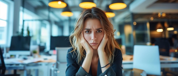 La mujer estresada en la oficina destaca los desafíos en el lugar de trabajo: agotamiento, horas extras, escasez de personal, presión de tiempo.