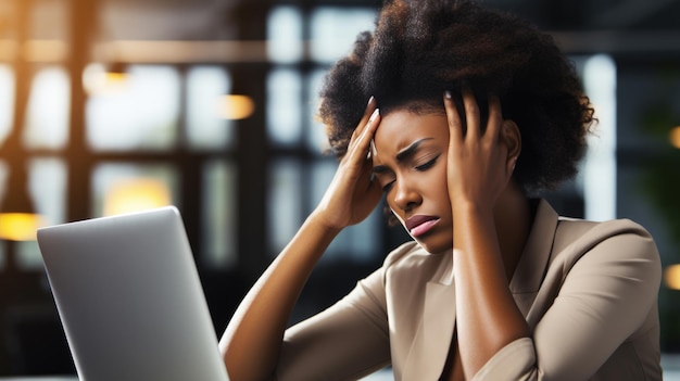 Mujer estresada sentada en un escritorio de oficina sosteniendo su cabeza en sus manos con una computadora portátil frente a ella