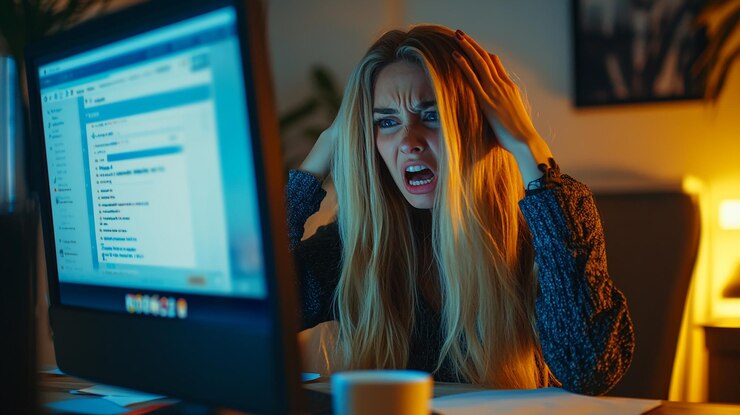 Foto una mujer estresada se sienta en su escritorio frente a una computadora mirando frustrada y sosteniendo su cabeza