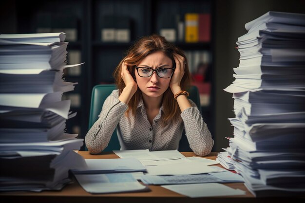 mujer estresada trabajando en su oficina entre los papeles