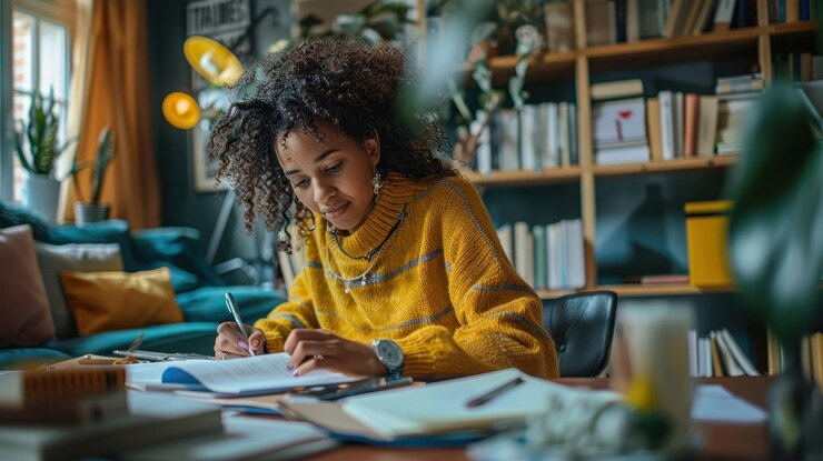 Mujer estudiando en una acogedora oficina en casa llena de libros y iluminación cálida creando un ambiente acogedor