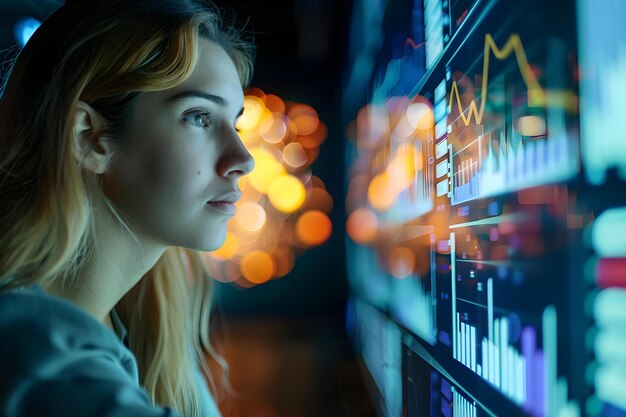 Mujer estudiando datos en una pantalla digital centrada y concentrada en el análisis Concepto Análisis de Datos Concentración Estudio de Tecnología Digital Sesión Foco