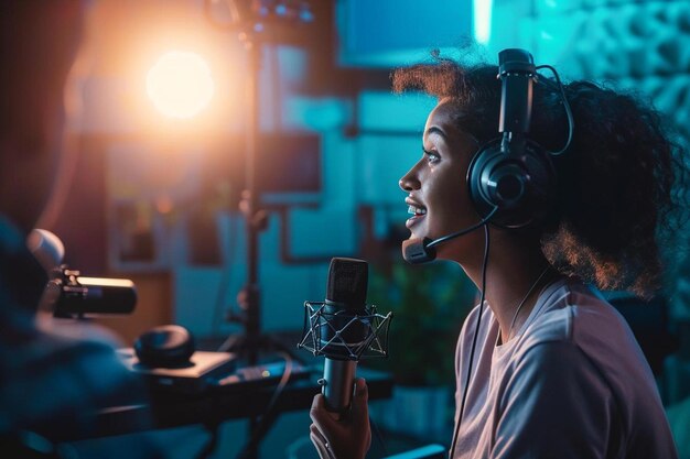 Foto una mujer en un estudio de grabación con auriculares