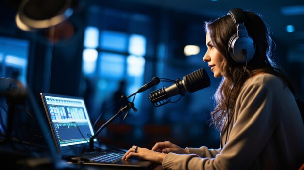 Mujer en un estudio de radio con micrófono y portátil generado por AI