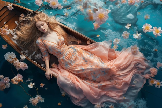 Mujer etérea en un barco adornado con flores en el agua