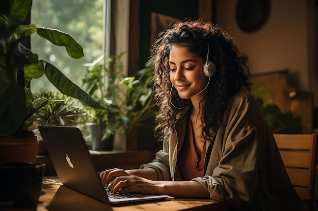 Mujer de etnia comprometida con la IA generativa de la computadora portátil