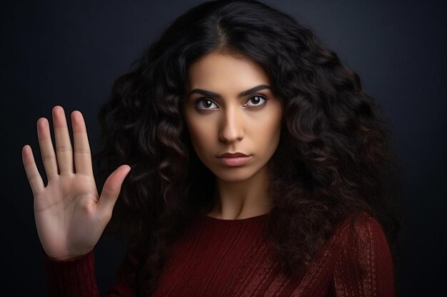 Una mujer étnica con el cabello rizado hace un gesto de parada con la palma de la mano