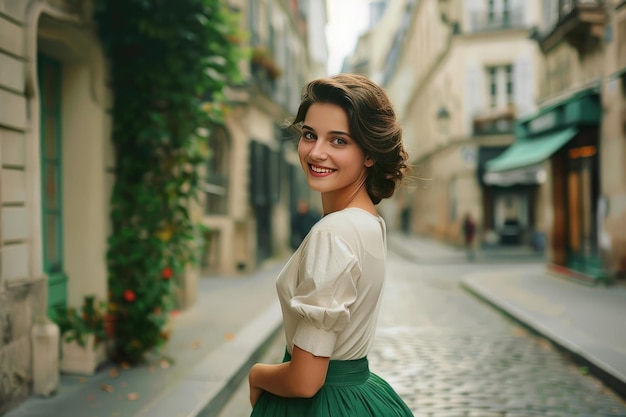 Mujer étnica joven con una mirada reflexiva en medio del encanto vintage de un callejón de la ciudad vieja