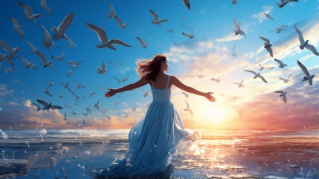 Una mujer eufórica con los brazos extendidos bajo una ilimitada extensión azul disfruta de la alegría liberada en medio de la