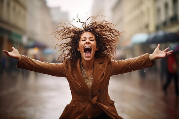 Foto mujer eufórica saltando en un charco de lluvia