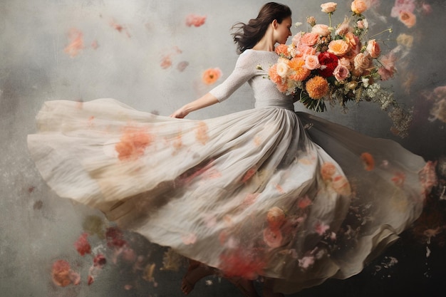 Foto mujer eufórica saltando con un ramo de flores