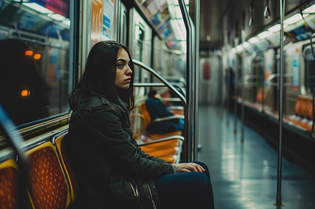 Mujer europea con una cara seria se sienta en un tren de metro desierto Mujer joven cansada viajando en un metro a altas horas