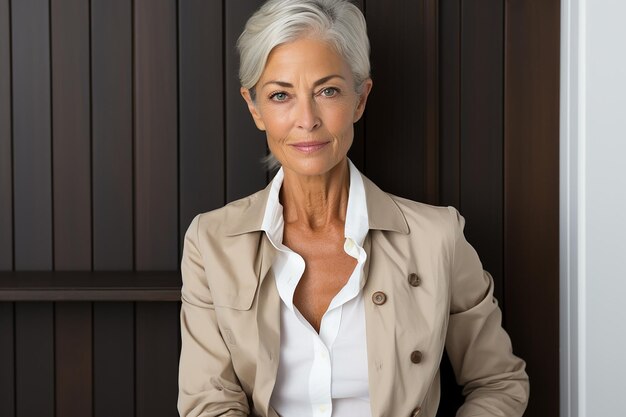 mujer europea de edad avanzada con cabello blanco con camisa de negocios y abrigo