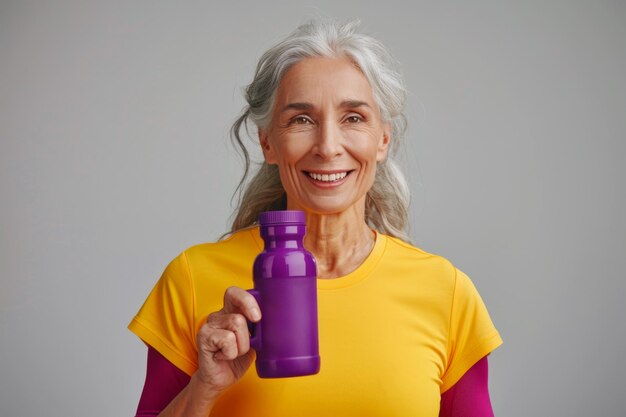Una mujer europea de edad avanzada sonriente con una camiseta amarilla y una botella deportiva púrpura en la mano contra el gris