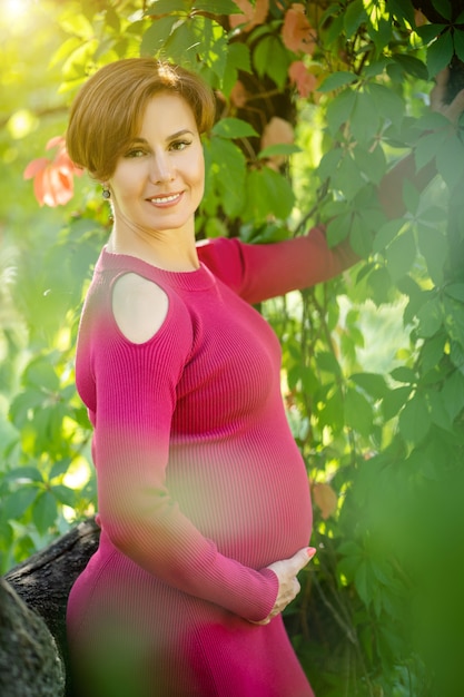 Mujer Europea Embarazada Sonrisas De Pie En La Naturaleza En Vestido Brillante