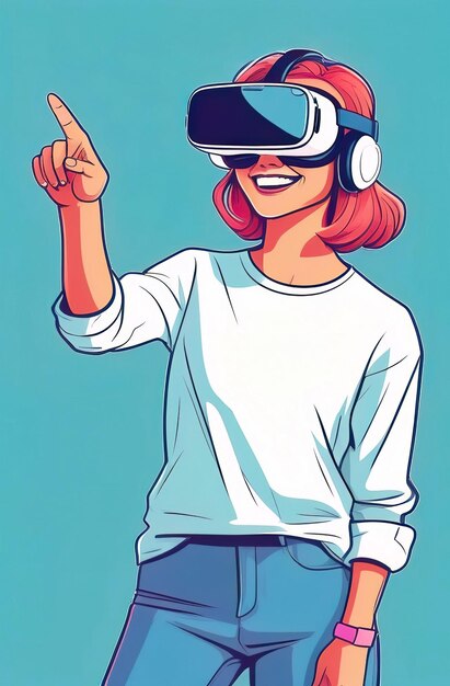 Mujer europea joven sonriente con gafas de realidad virtual