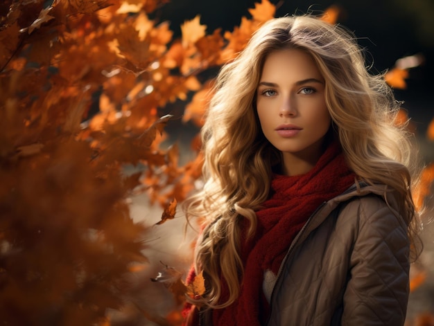 Mujer europea en una pose emocional dinámica sobre un fondo de otoño