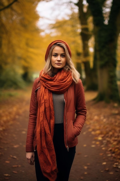 Mujer europea en una pose emocional dinámica sobre un fondo de otoño