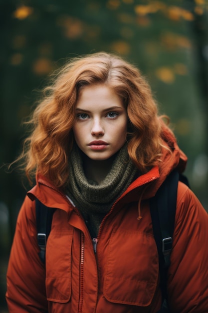 Mujer europea en una pose emocional dinámica sobre un fondo de otoño