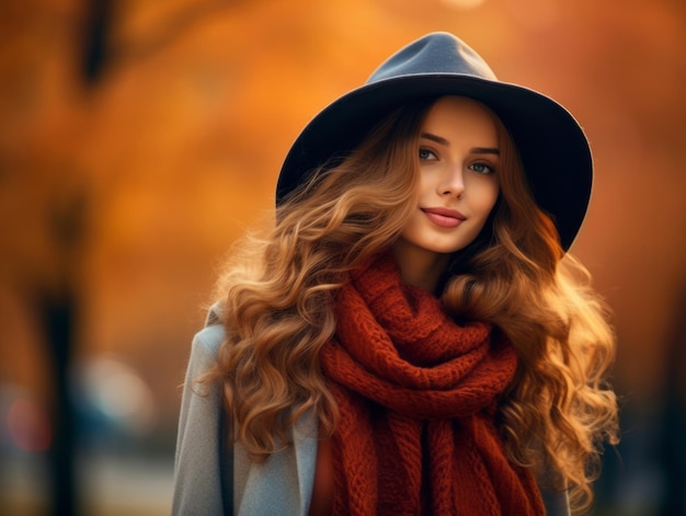 Mujer europea en una pose emocional dinámica sobre un fondo de otoño