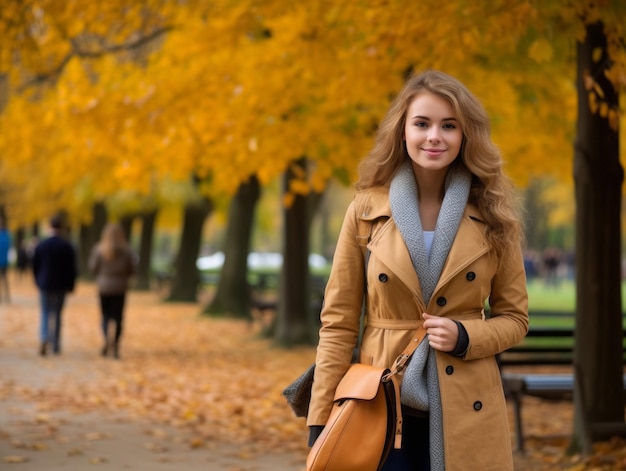 Mujer europea en una pose emocional dinámica sobre un fondo de otoño